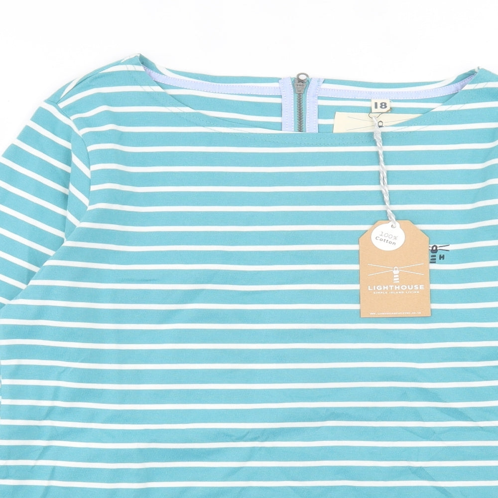 light house Womens Blue Striped Cotton Basic T-Shirt Size 18 Crew Neck