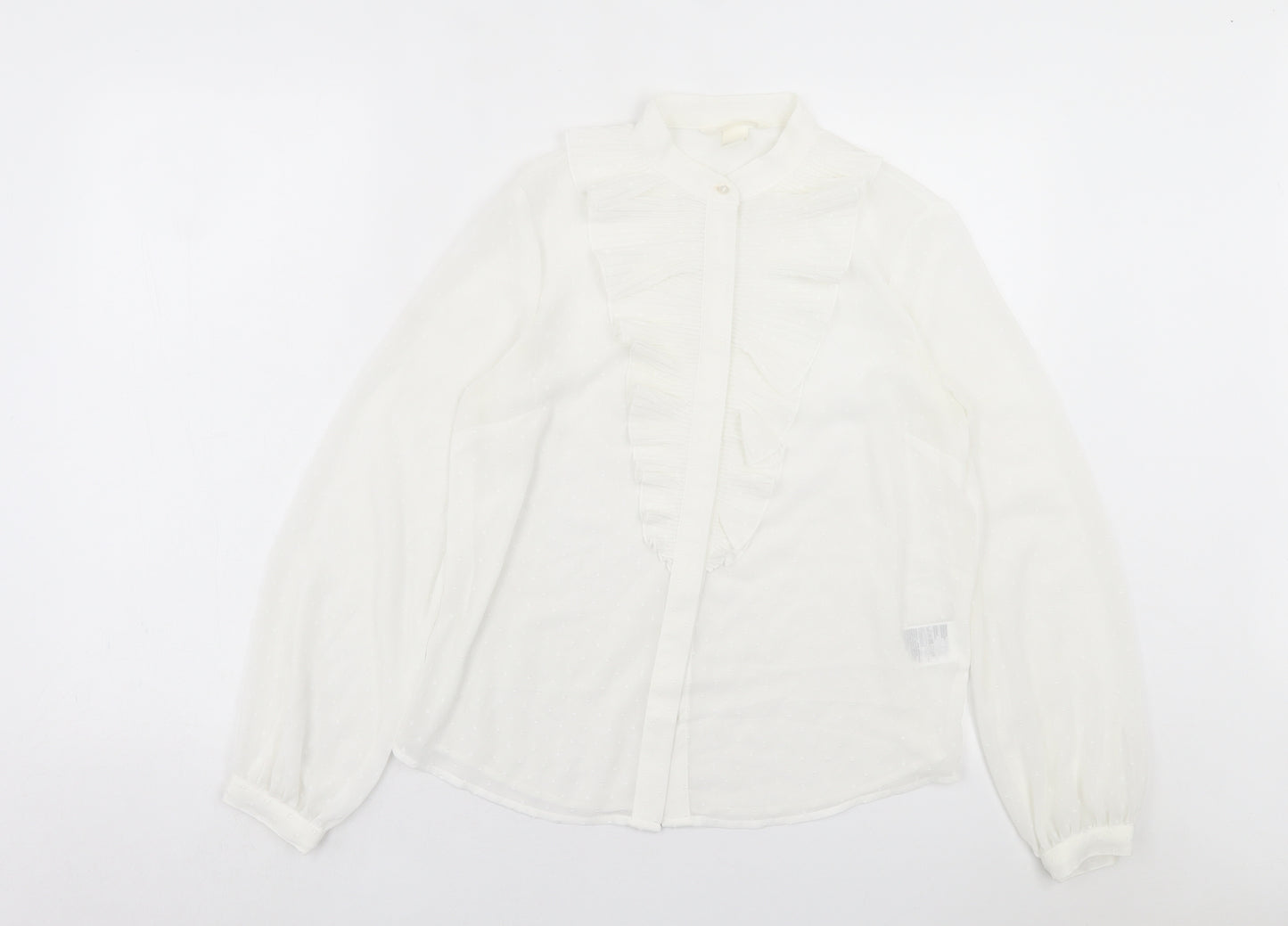 H&M Womens White Polka Dot Polyester Basic Button-Up Size 8 Crew Neck