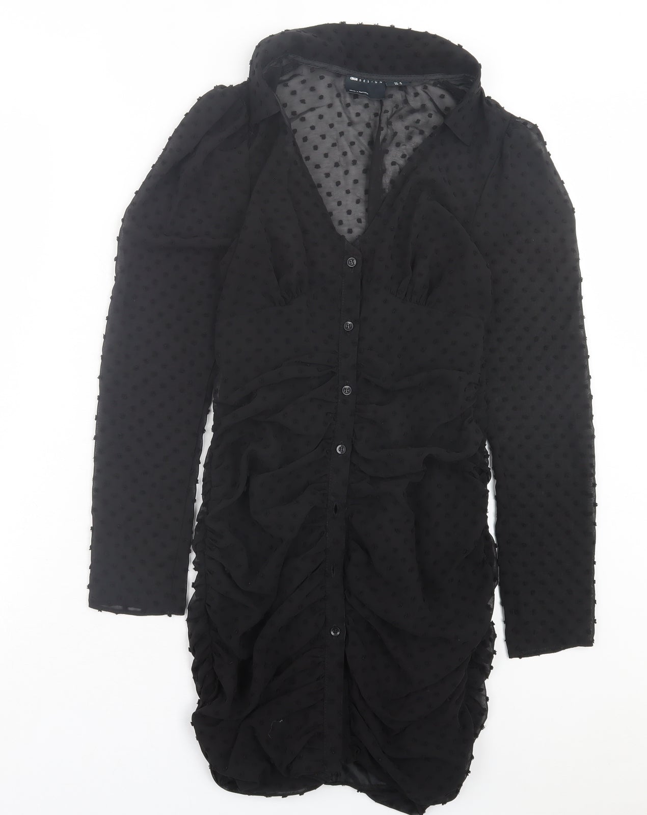 ASOS Womens Black Polka Dot Polyester A-Line Size 8 V-Neck Button