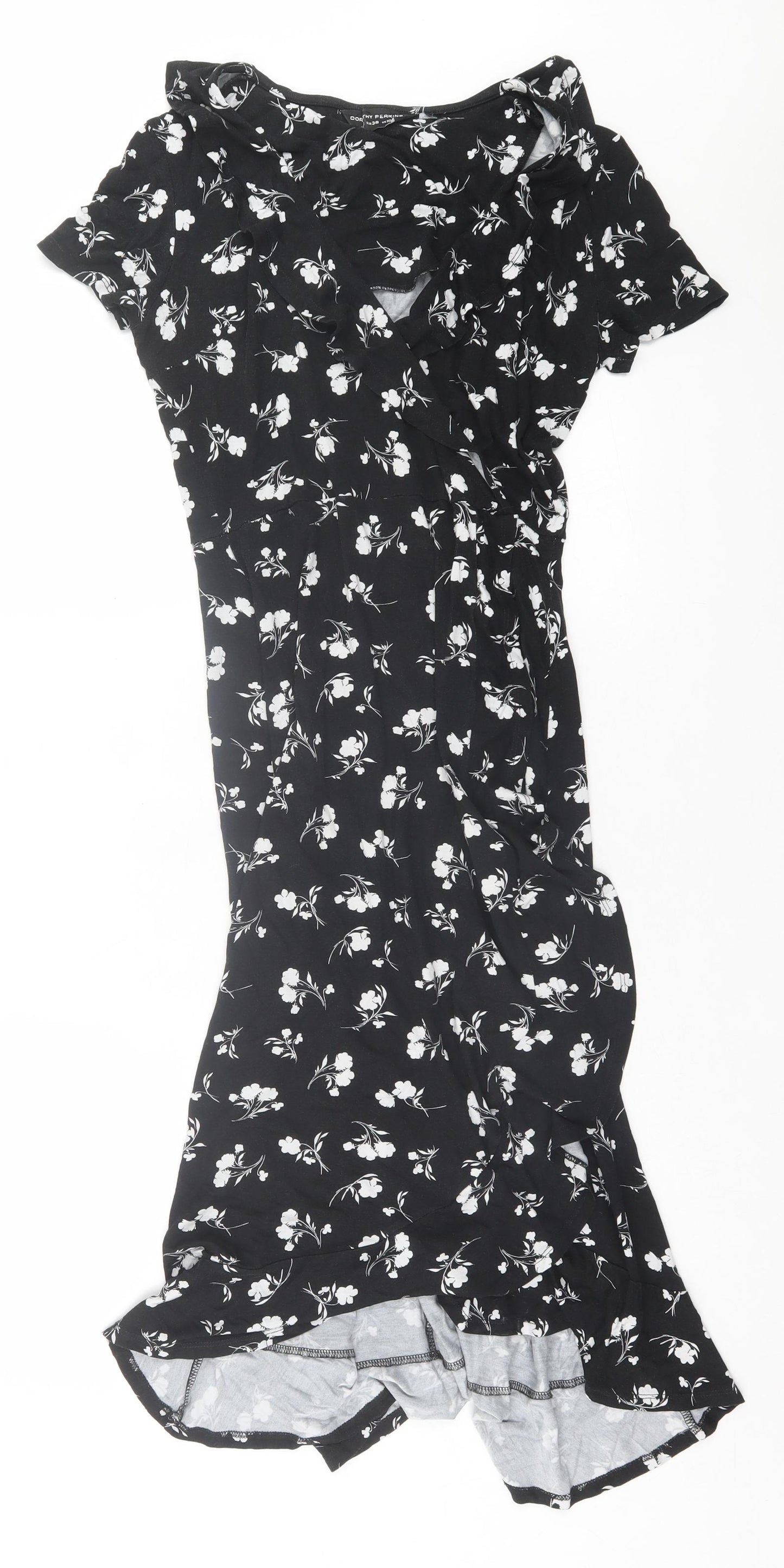 Dorothy Perkins# Womens Black Floral Viscose Bodycon Size 10 V-Neck Pullover
