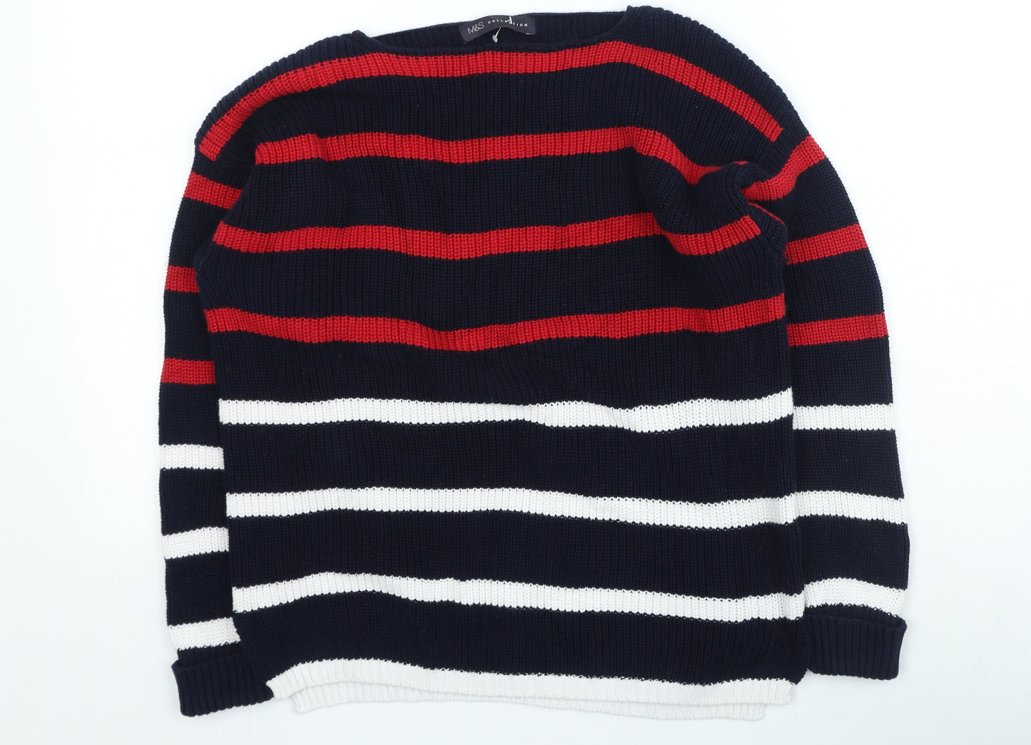 Marks and Spencer Womens Multicoloured Round Neck Striped Cotton Pullover Jumper Size M