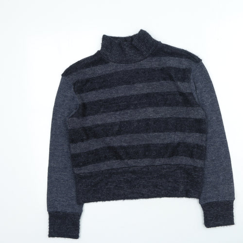 network Womens Grey High Neck Striped Acrylic Pullover Jumper Size S