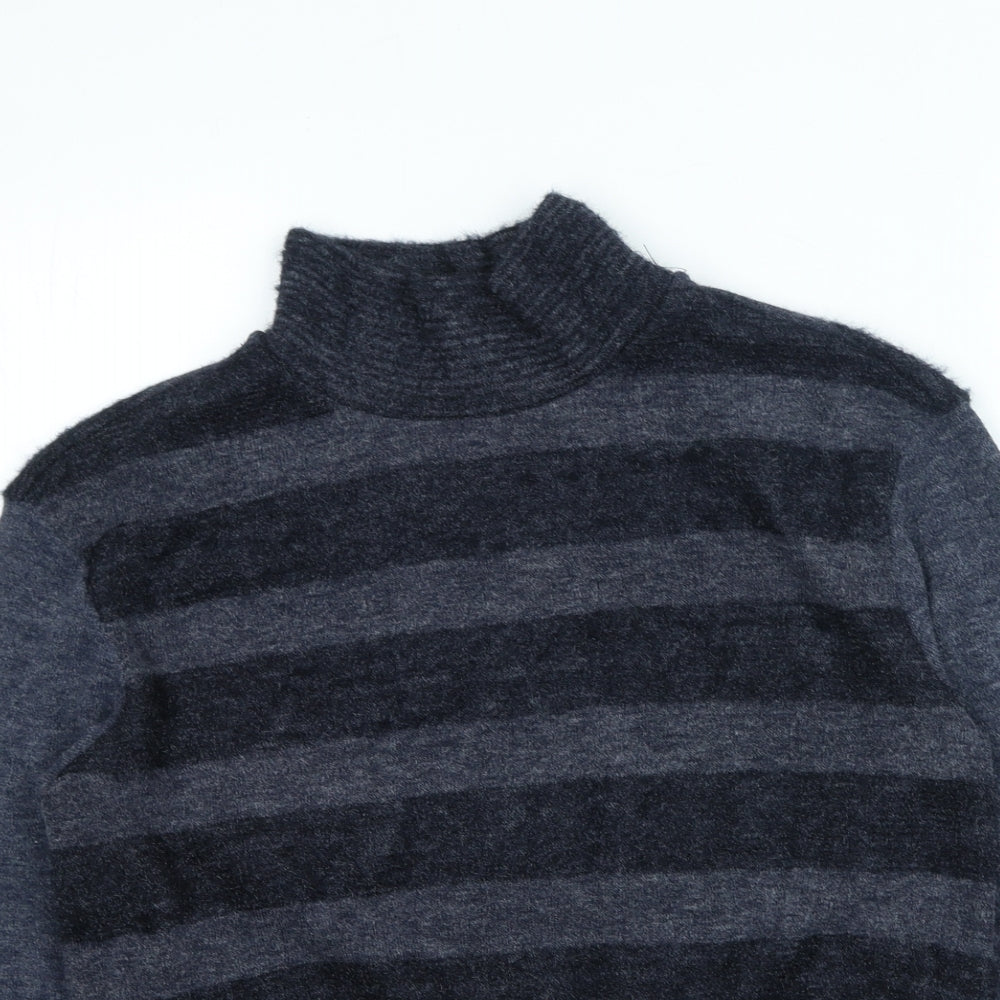 network Womens Grey High Neck Striped Acrylic Pullover Jumper Size S