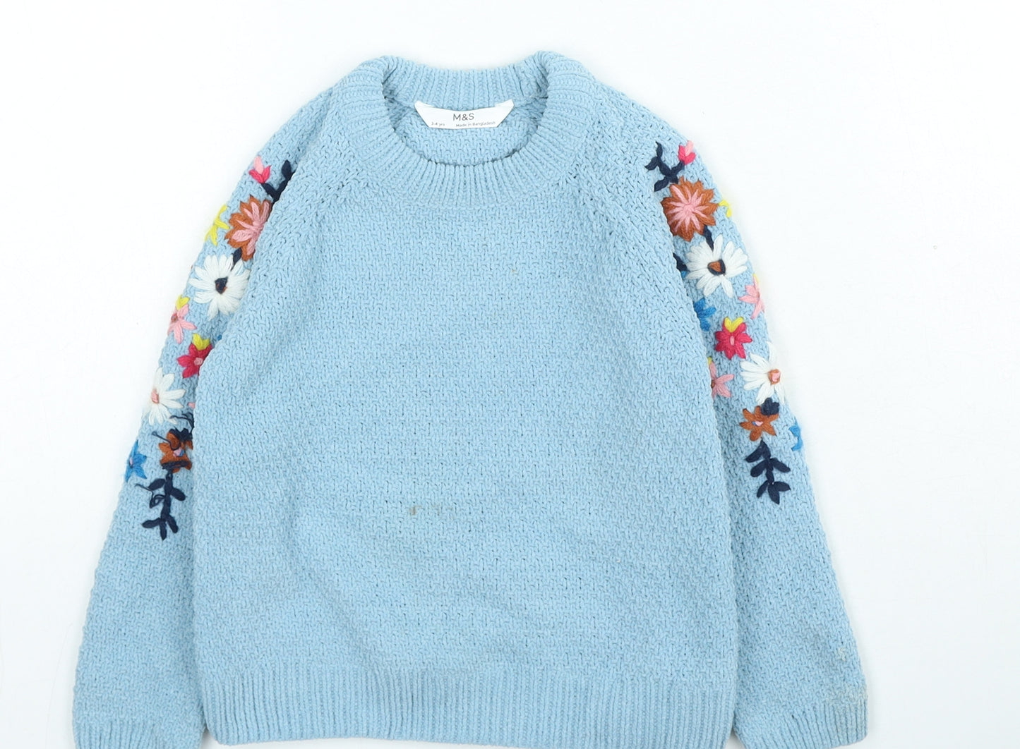 Marks and Spencer Girls Blue Round Neck Floral Polyester Pullover Jumper Size 3-4 Years