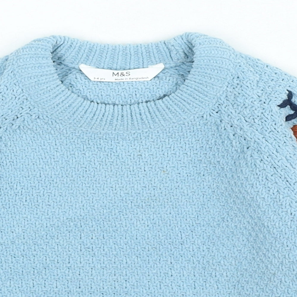 Marks and Spencer Girls Blue Round Neck Floral Polyester Pullover Jumper Size 3-4 Years
