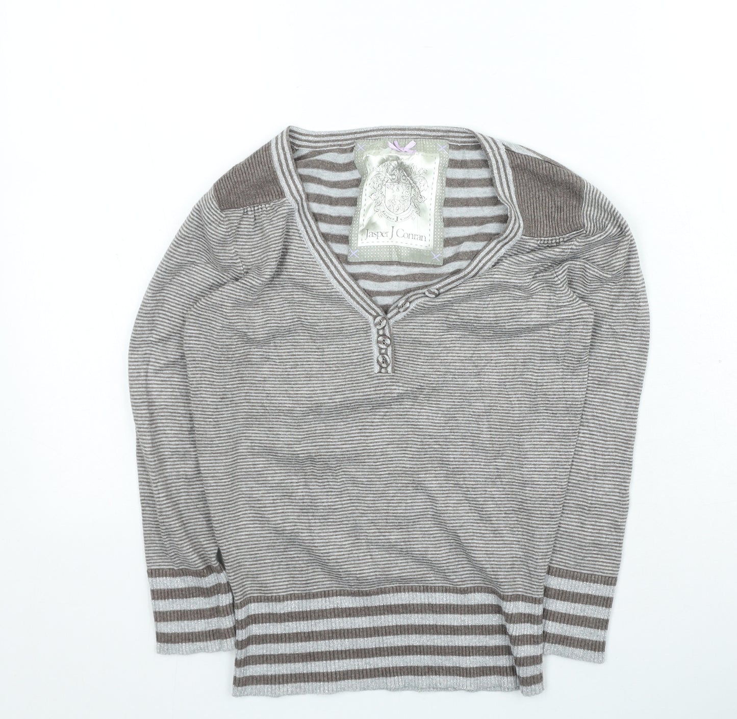 Jasper Conran Womens Brown Striped Viscose Basic T-Shirt Size 8 V-Neck
