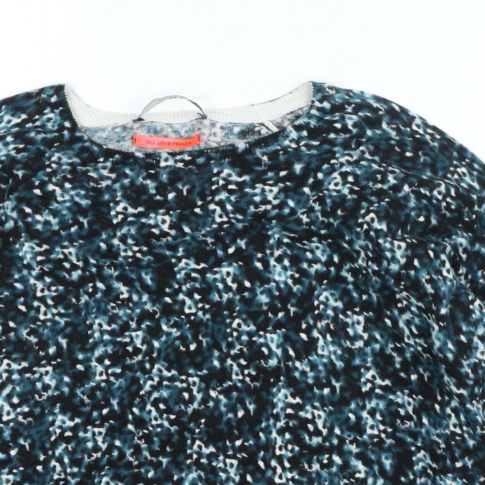 Oui Womens Green Round Neck Animal Print Cotton Pullover Jumper Size 14