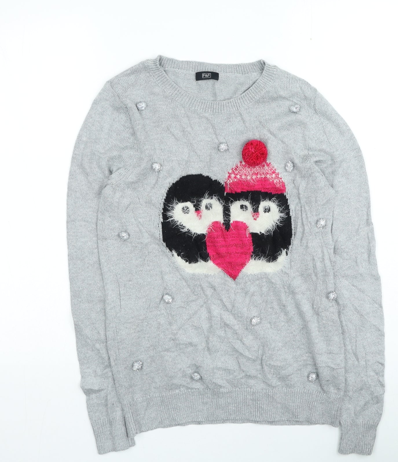 F&F Womens Grey Round Neck Cotton Pullover Jumper Size 8 - Christmas Jumper
