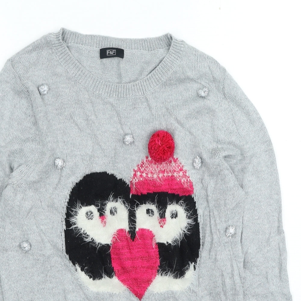 F&F Womens Grey Round Neck Cotton Pullover Jumper Size 8 - Christmas Jumper