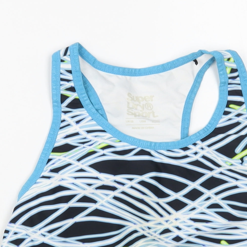 Superdry Womens Blue Geometric Polyester Cropped Tank Size 12 Scoop Neck Pullover - Sports Bra