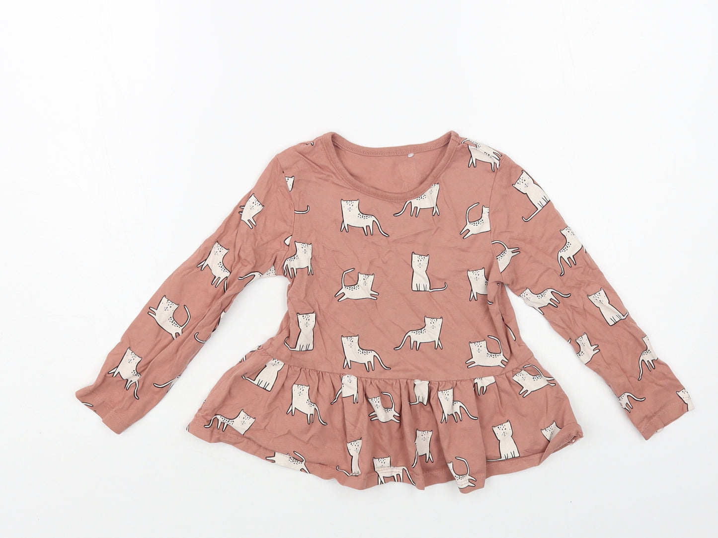 George Girls Pink Geometric Cotton Basic T-Shirt Size 3-4 Years Crew Neck Pullover - Cat Print