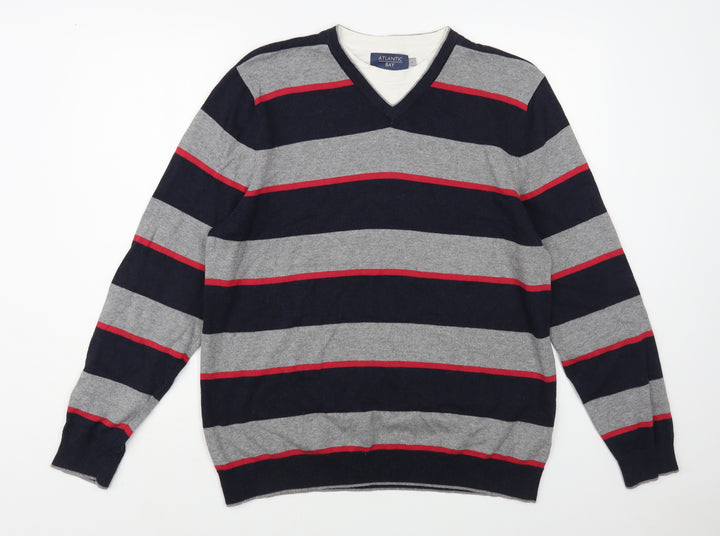 Atlantic Bay Mens Grey V-Neck Striped Cotton Pullover Jumper Size L