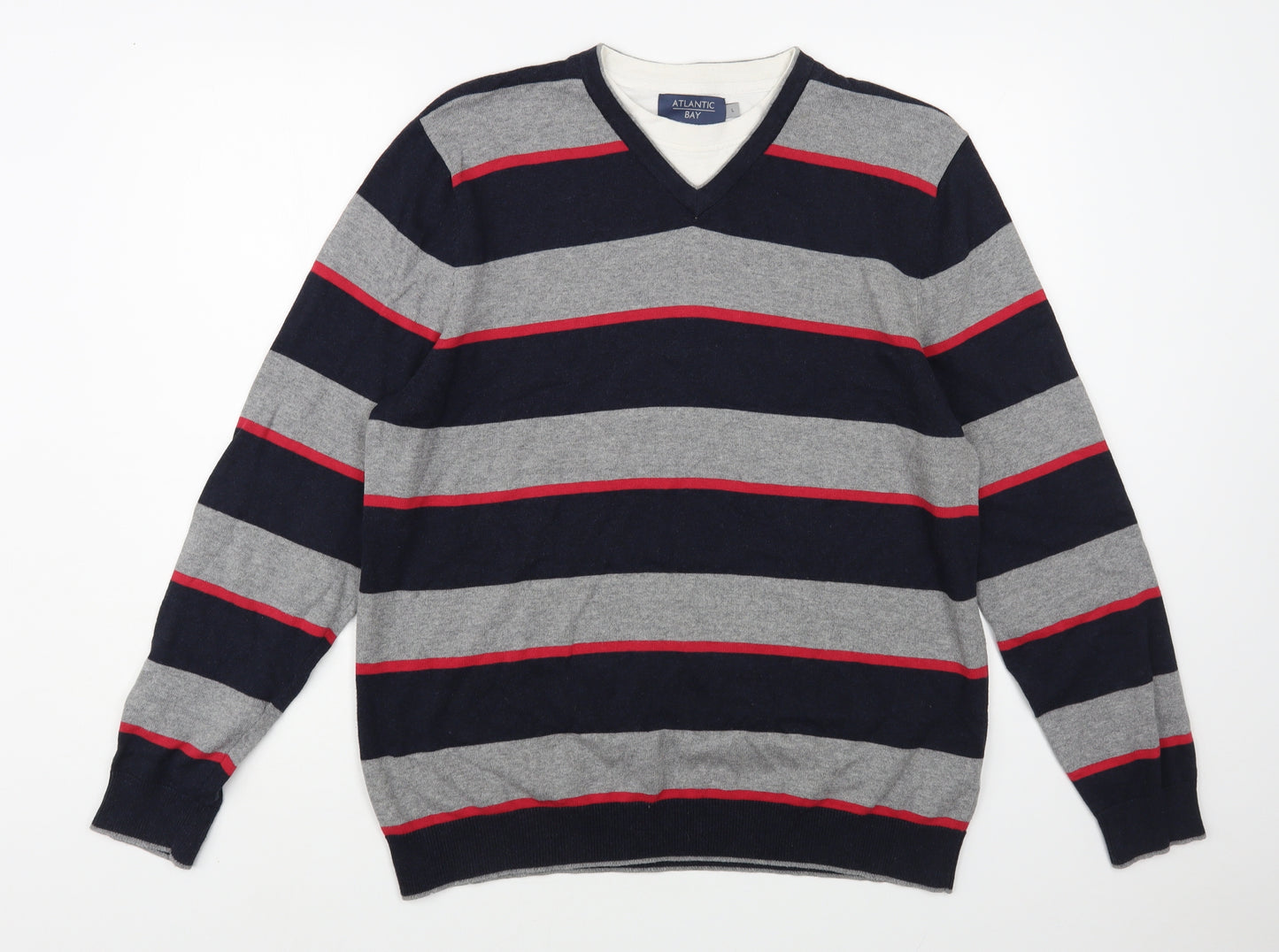 Atlantic Bay Mens Grey V-Neck Striped Cotton Pullover Jumper Size L