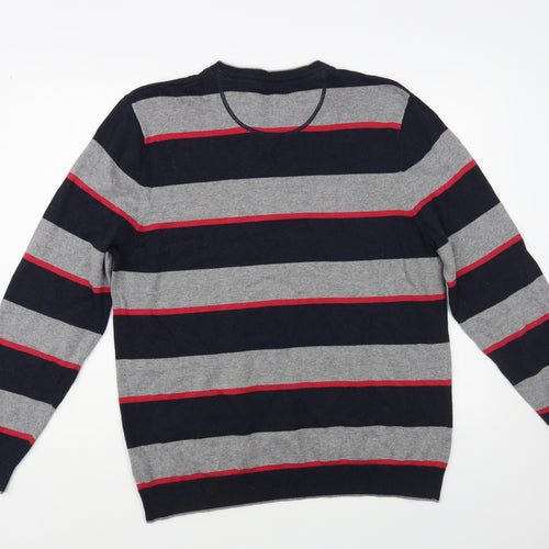 Atlantic Bay Mens Grey V-Neck Striped Cotton Pullover Jumper Size L