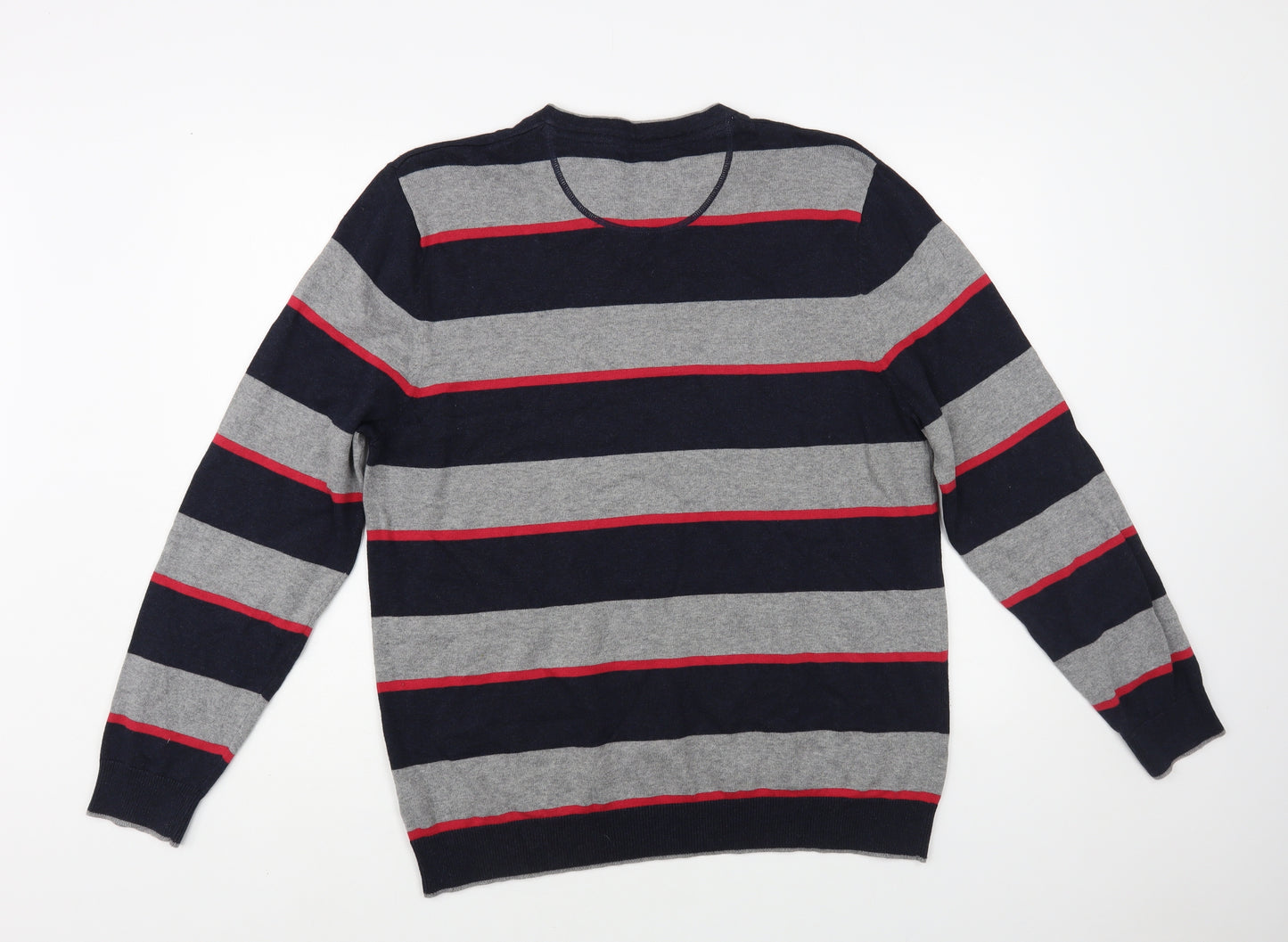 Atlantic Bay Mens Grey V-Neck Striped Cotton Pullover Jumper Size L
