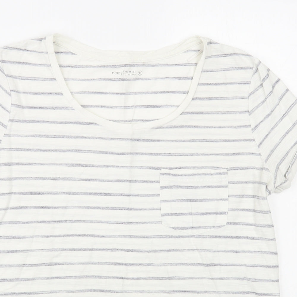 NEXT Womens White Striped Cotton Basic T-Shirt Size 10 Scoop Neck