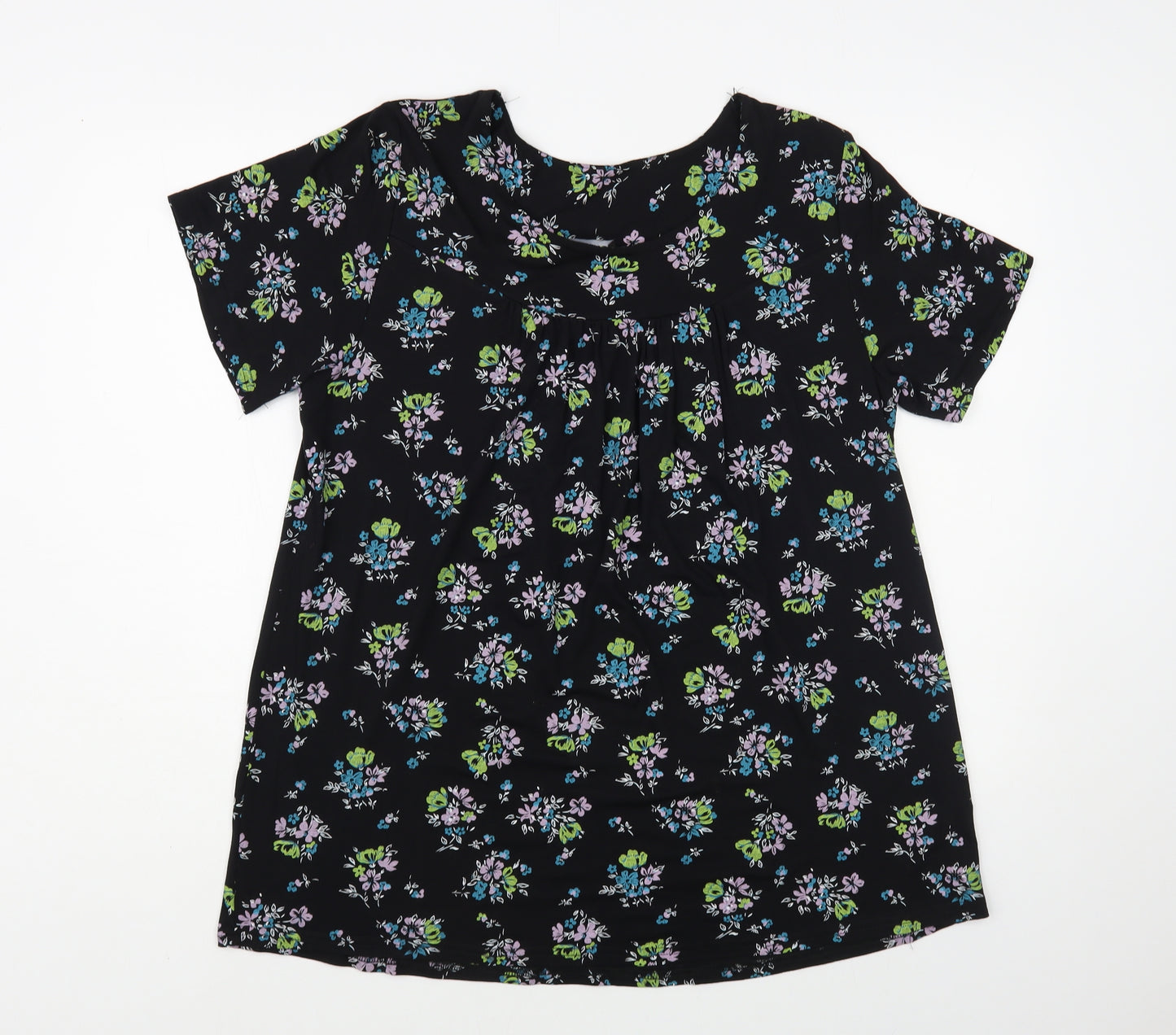 Feminine Womens Black Floral Viscose Basic Blouse Size 14 Boat Neck
