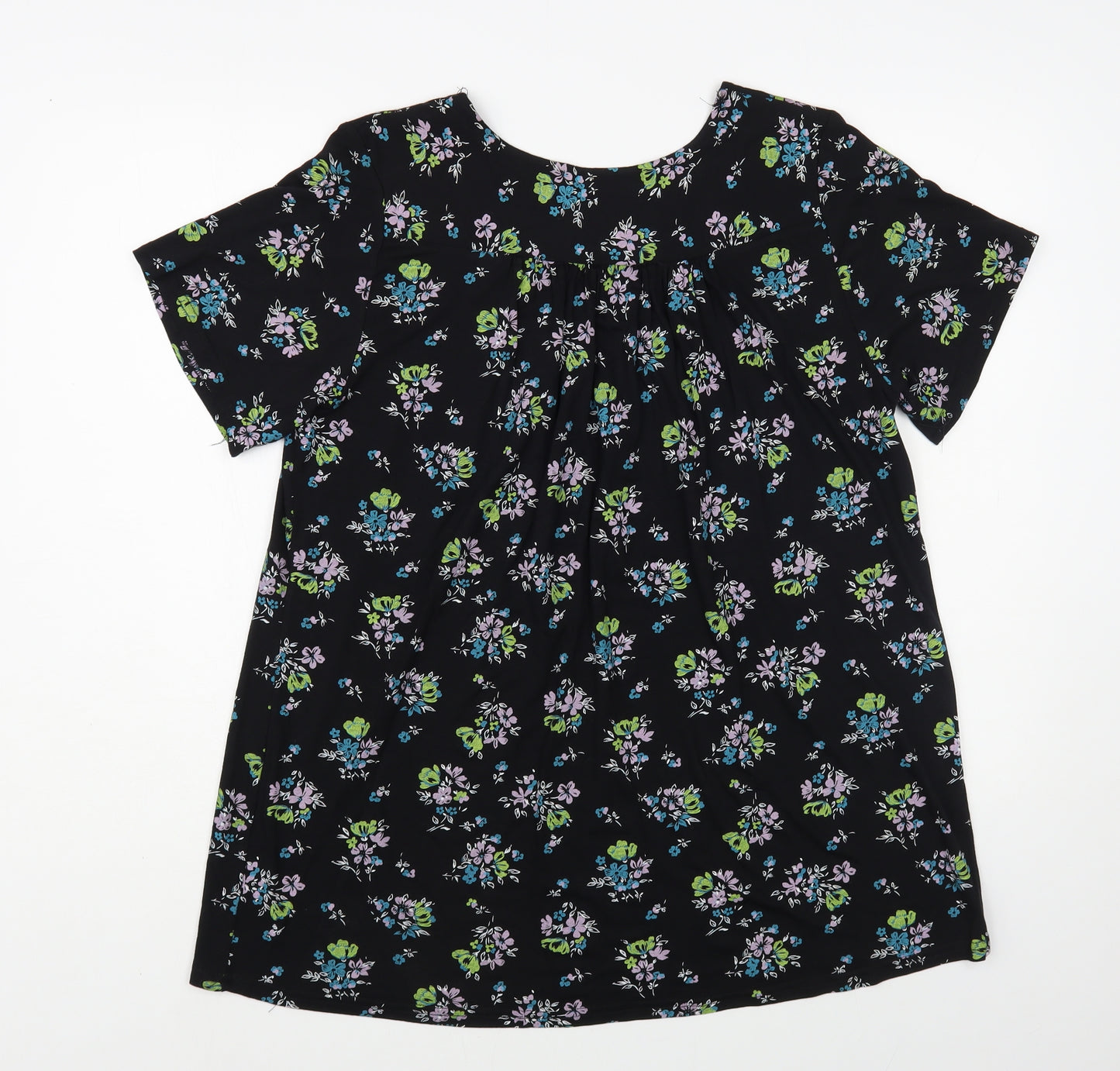 Feminine Womens Black Floral Viscose Basic Blouse Size 14 Boat Neck