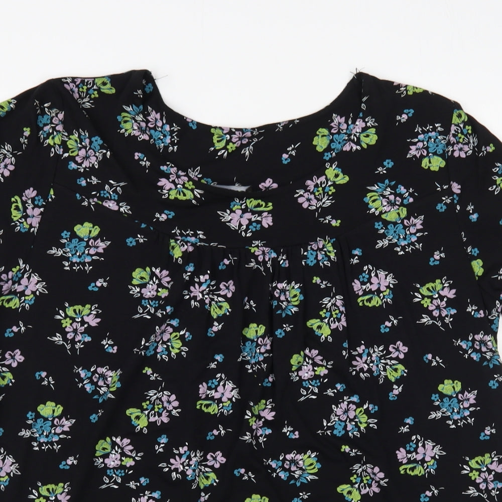 Feminine Womens Black Floral Viscose Basic Blouse Size 14 Boat Neck