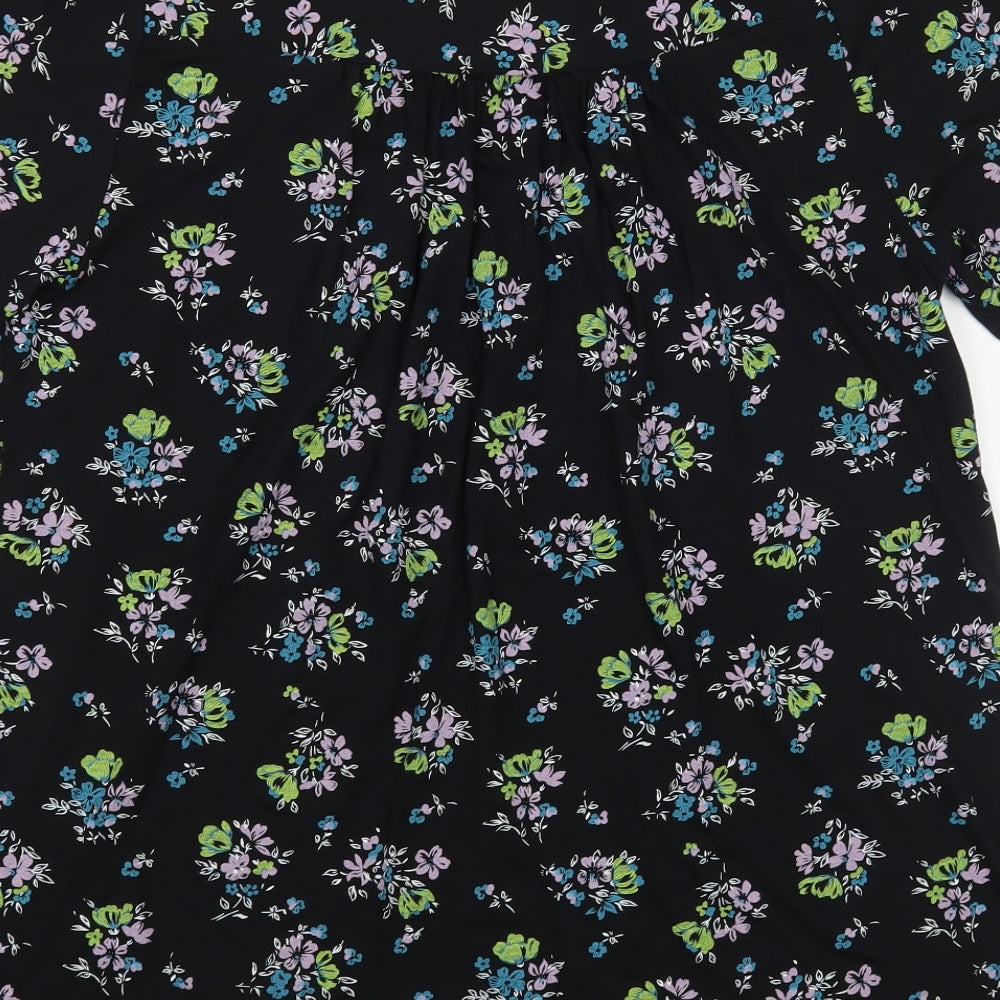 Feminine Womens Black Floral Viscose Basic Blouse Size 14 Boat Neck