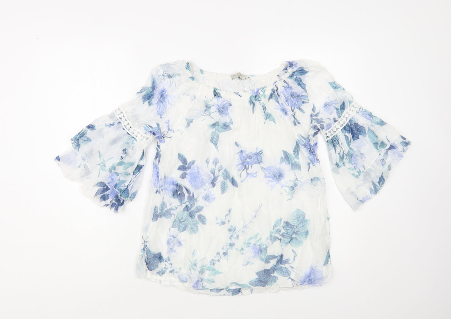 Viola Borghi Womens White Floral Viscose Basic Blouse Size S Boat Neck