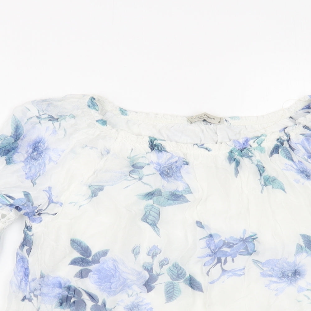 Viola Borghi Womens White Floral Viscose Basic Blouse Size S Boat Neck