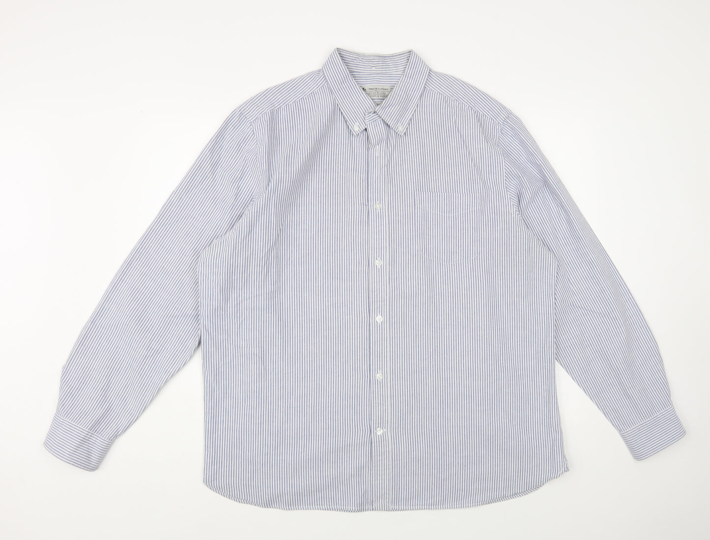 TU Mens Blue Striped Cotton Button-Up Size XL Collared Button