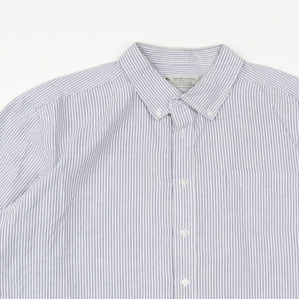 TU Mens Blue Striped Cotton Button-Up Size XL Collared Button