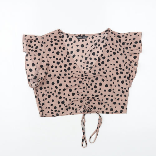 SheIn Womens Pink Animal Print Polyester Cropped Blouse Size S V-Neck