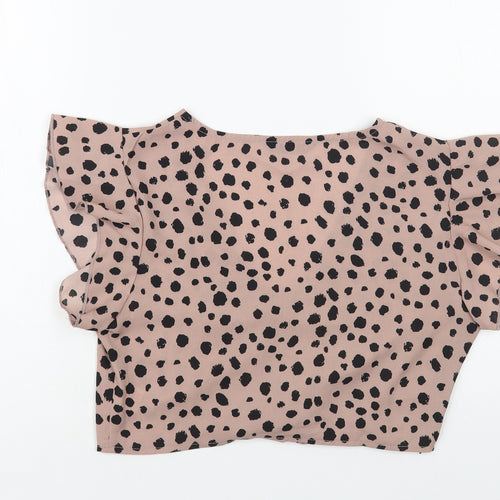 SheIn Womens Pink Animal Print Polyester Cropped Blouse Size S V-Neck