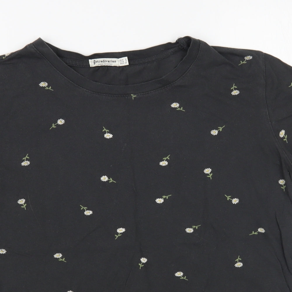 Stradivarius Womens Grey Floral Cotton Basic T-Shirt Size S Crew Neck