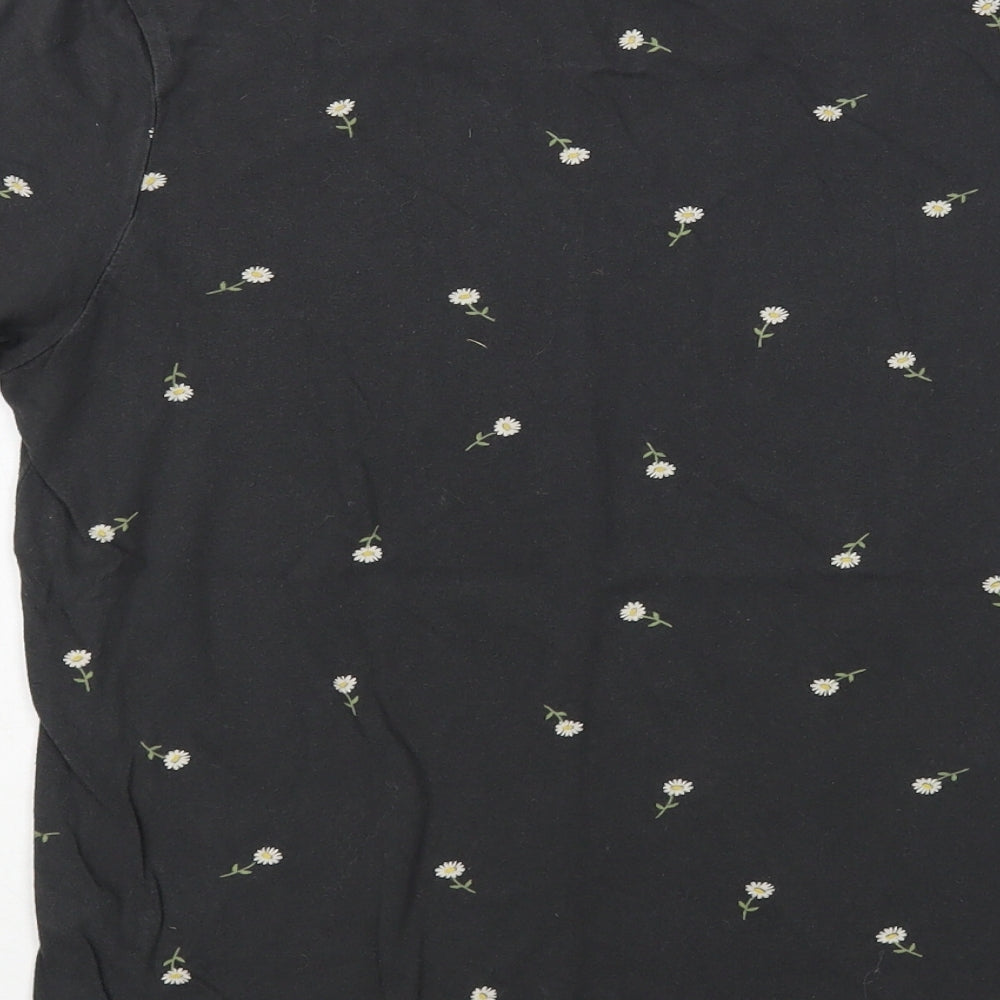 Stradivarius Womens Grey Floral Cotton Basic T-Shirt Size S Crew Neck
