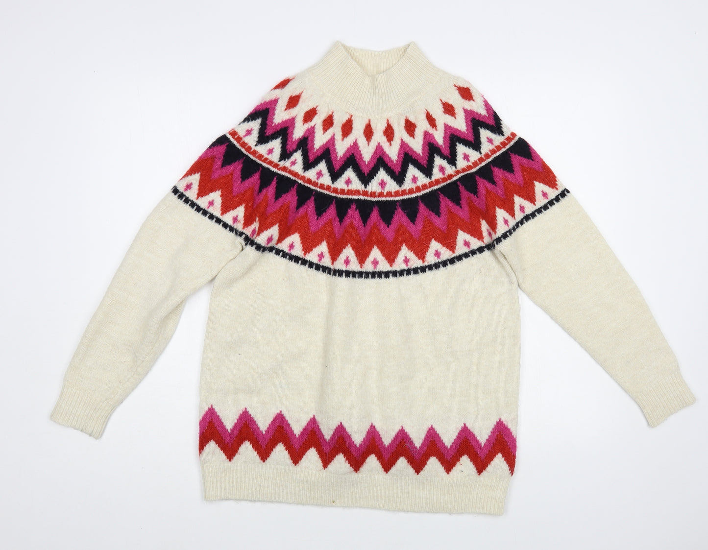 F&F Womens Ivory High Neck Fair Isle Acrylic Pullover Jumper Size 12