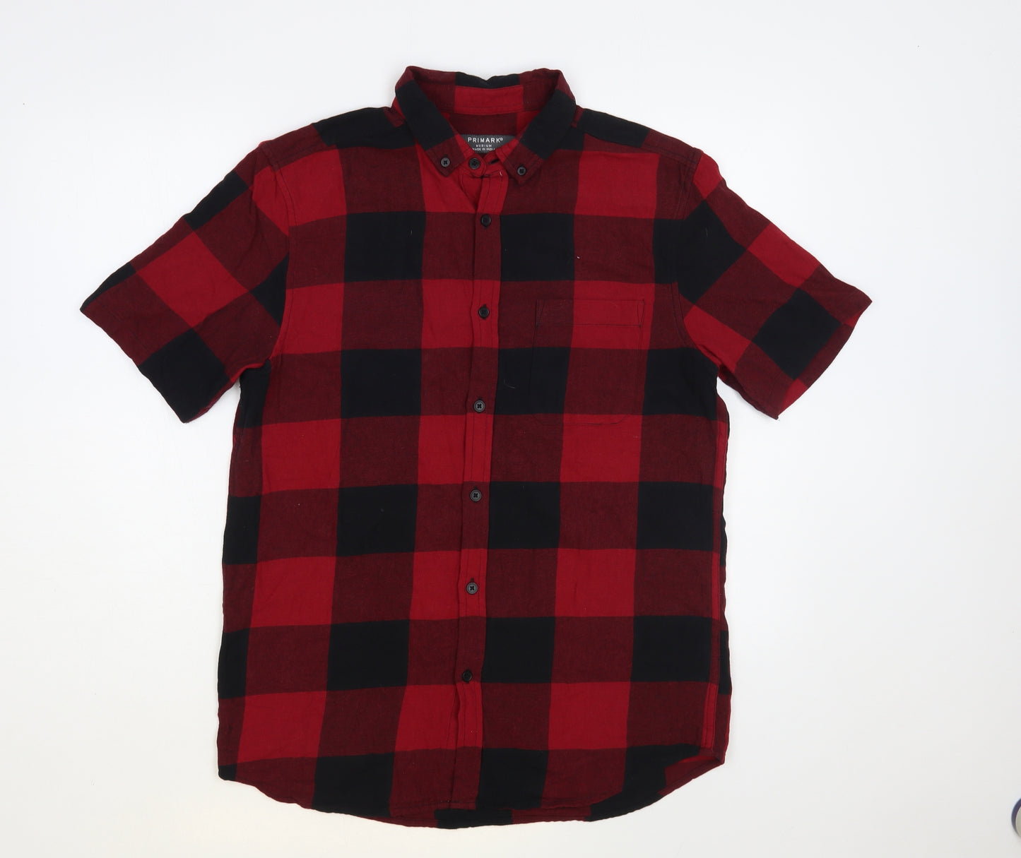 Primark Mens Red Check Cotton Button-Up Size M Collared Button
