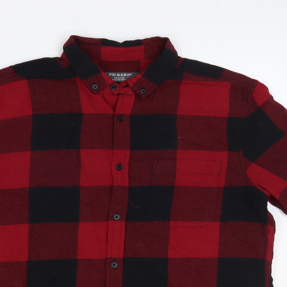 Primark Mens Red Check Cotton Button-Up Size M Collared Button