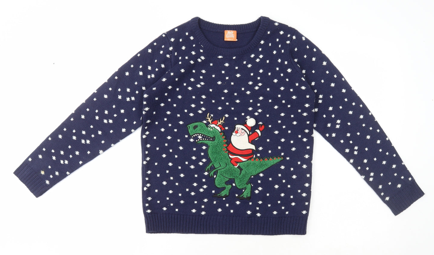 Merry Christmas Boys Blue Round Neck Acrylic Pullover Jumper Size 11-12 Years