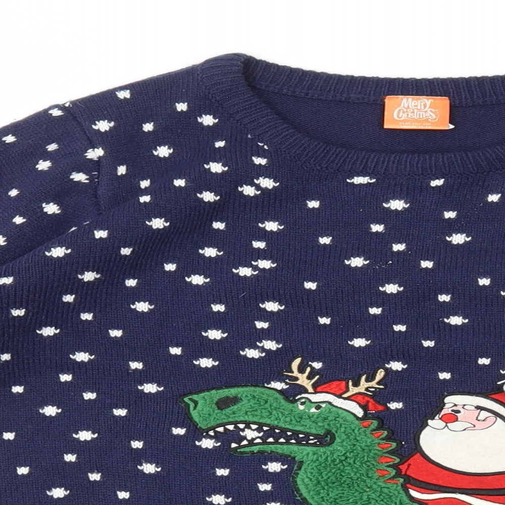Merry Christmas Boys Blue Round Neck Acrylic Pullover Jumper Size 11-12 Years