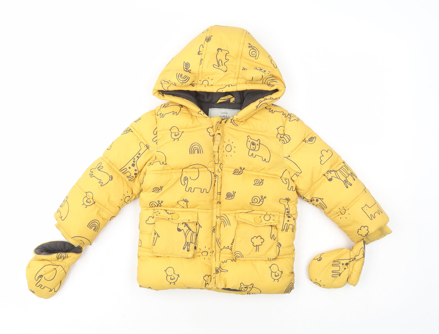 George Baby Yellow Geometric Bomber Jacket Coat Size 12-18 Months - Dinosaur , attached mittens