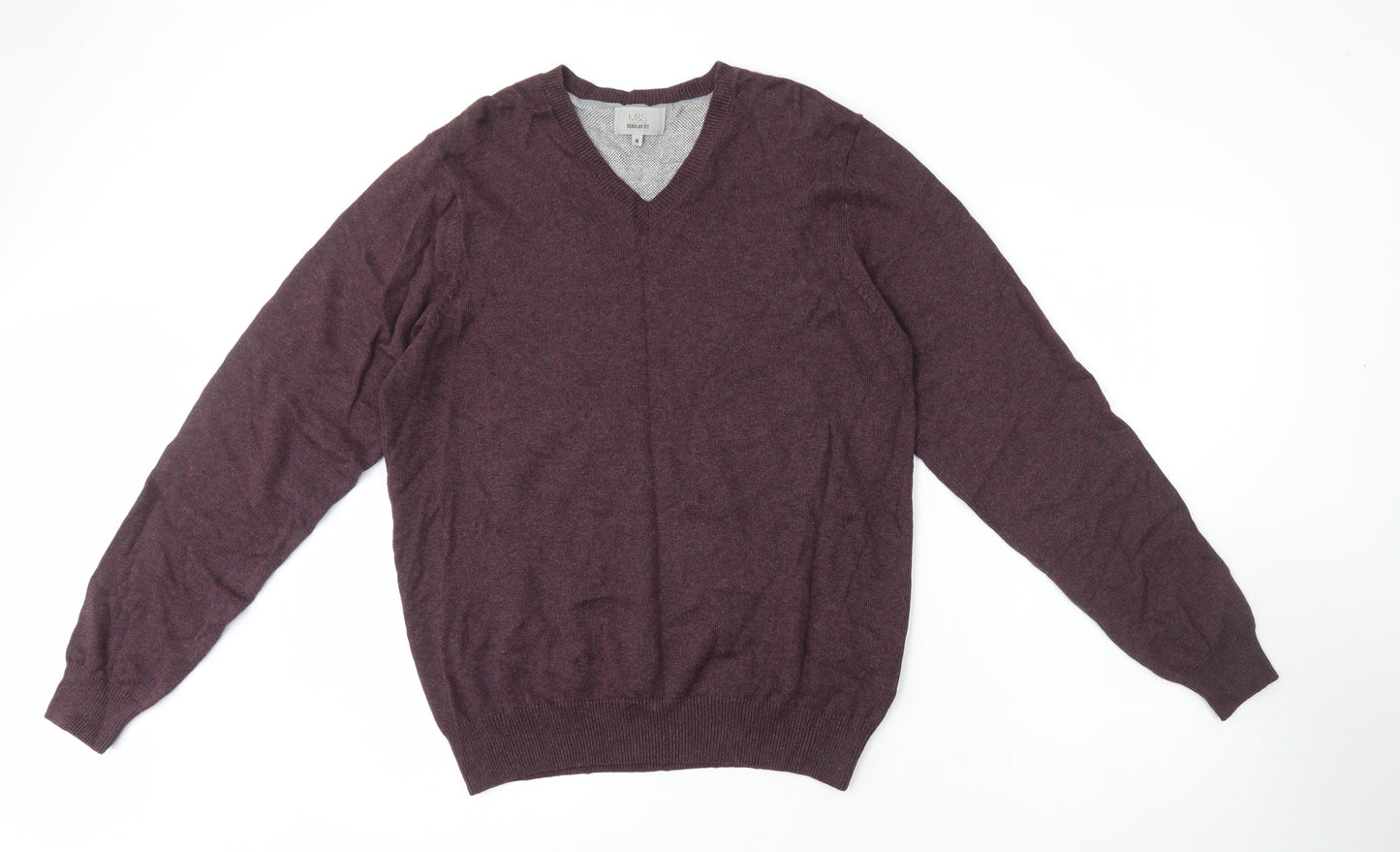 Marks and Spencer Mens Purple V-Neck Cotton Pullover Jumper Size M