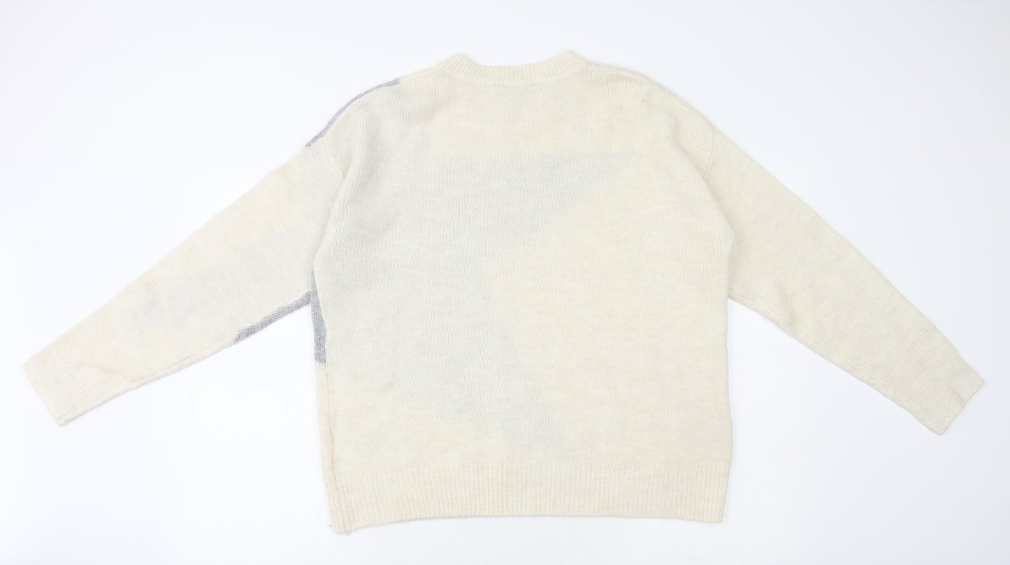 Principles Womens Ivory Round Neck Geometric Acrylic Pullover Jumper Size 12