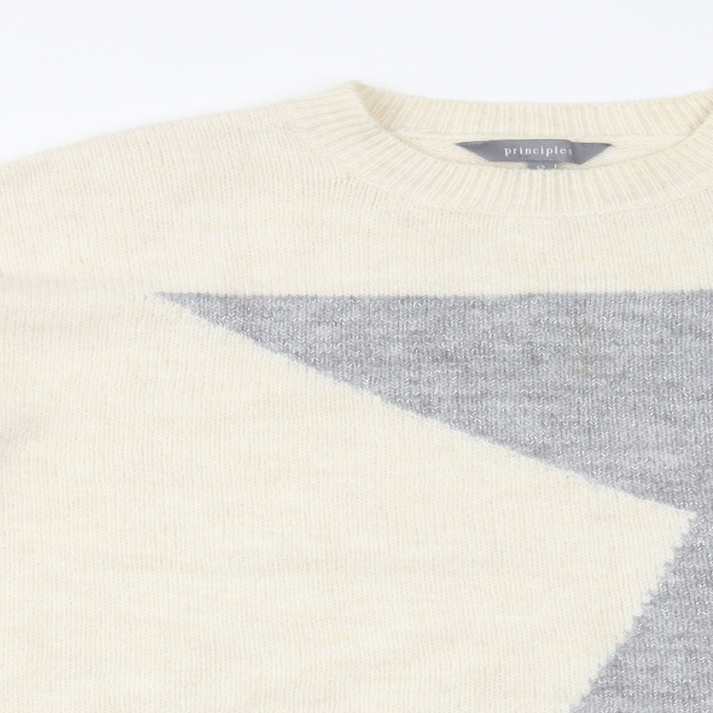 Principles Womens Ivory Round Neck Geometric Acrylic Pullover Jumper Size 12