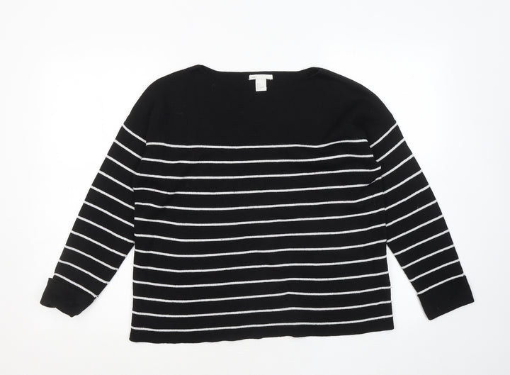 H&M Womens Black Round Neck Striped Polyester Pullover Jumper Size S