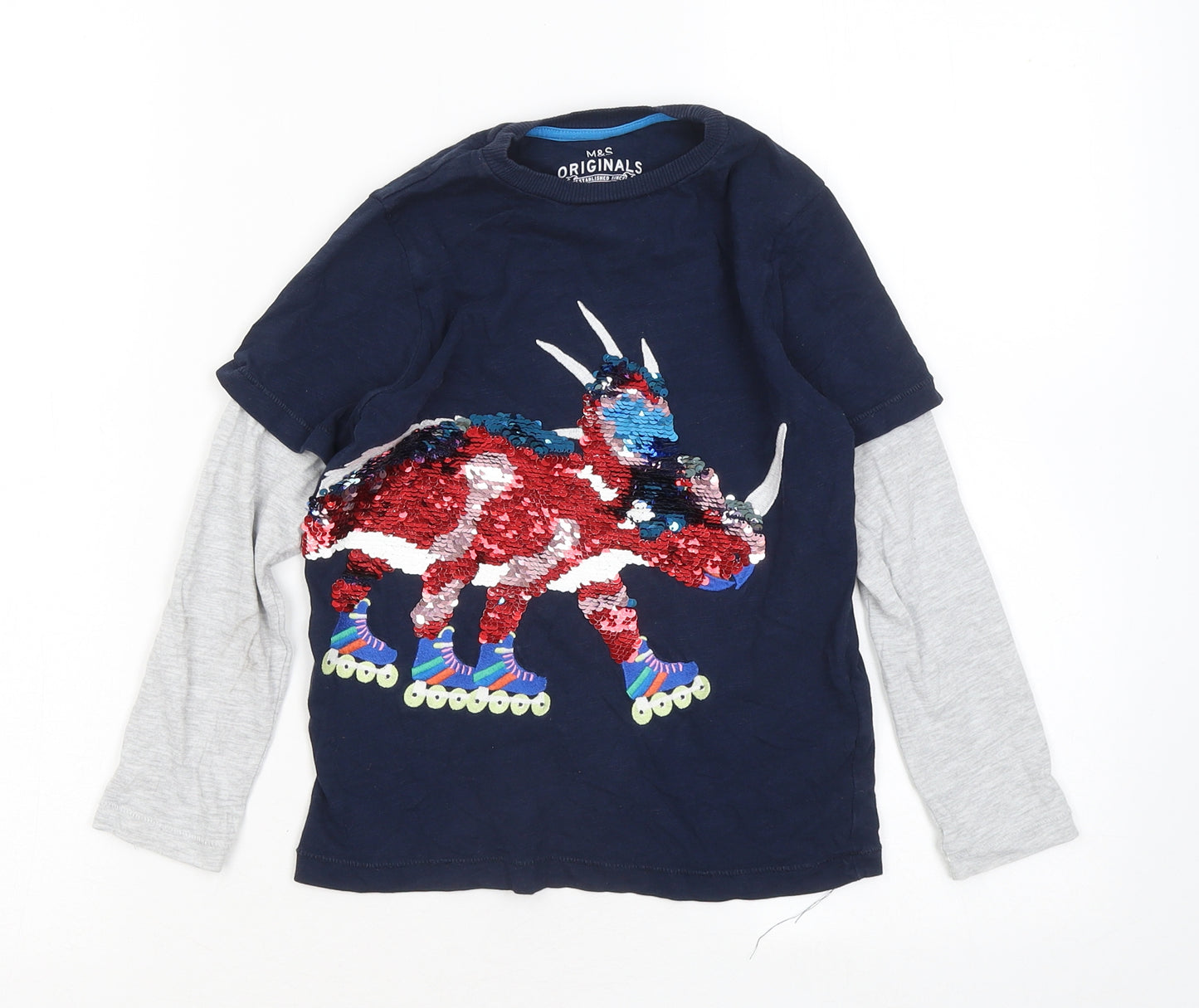 Marks and Spencer Boys Blue Cotton Basic T-Shirt Size 5-6 Years Round Neck - Rhino