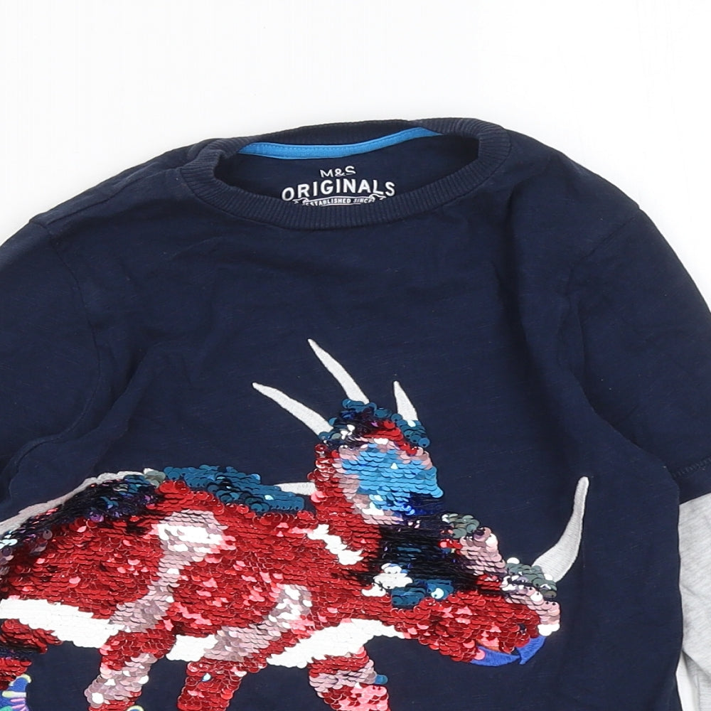 Marks and Spencer Boys Blue Cotton Basic T-Shirt Size 5-6 Years Round Neck - Rhino