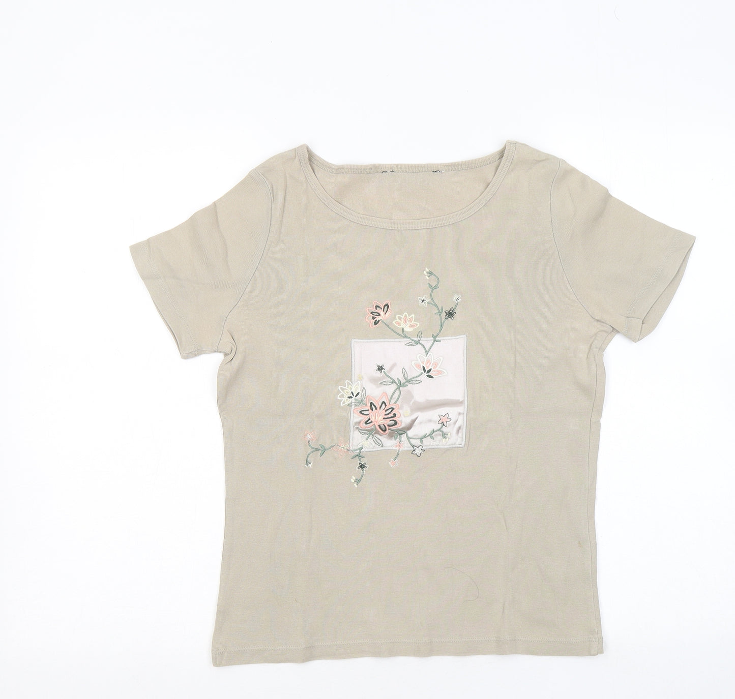 BHS Womens Brown Cotton Basic T-Shirt Size 12 Round Neck - Flowers
