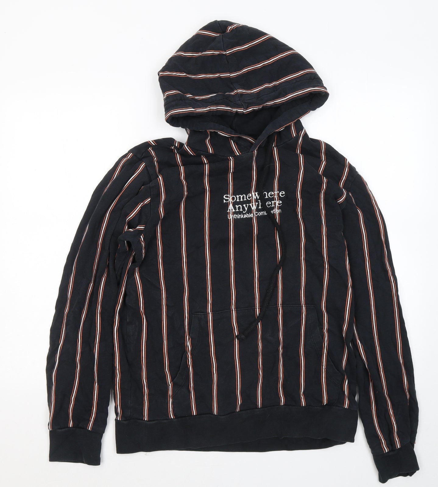 Pull&Bear Mens Black Striped Cotton Pullover Hoodie Size M - Somewhere Anywhere