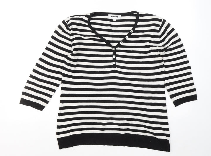 Vogue Womens Black Round Neck Striped Viscose Pullover Jumper Size 14