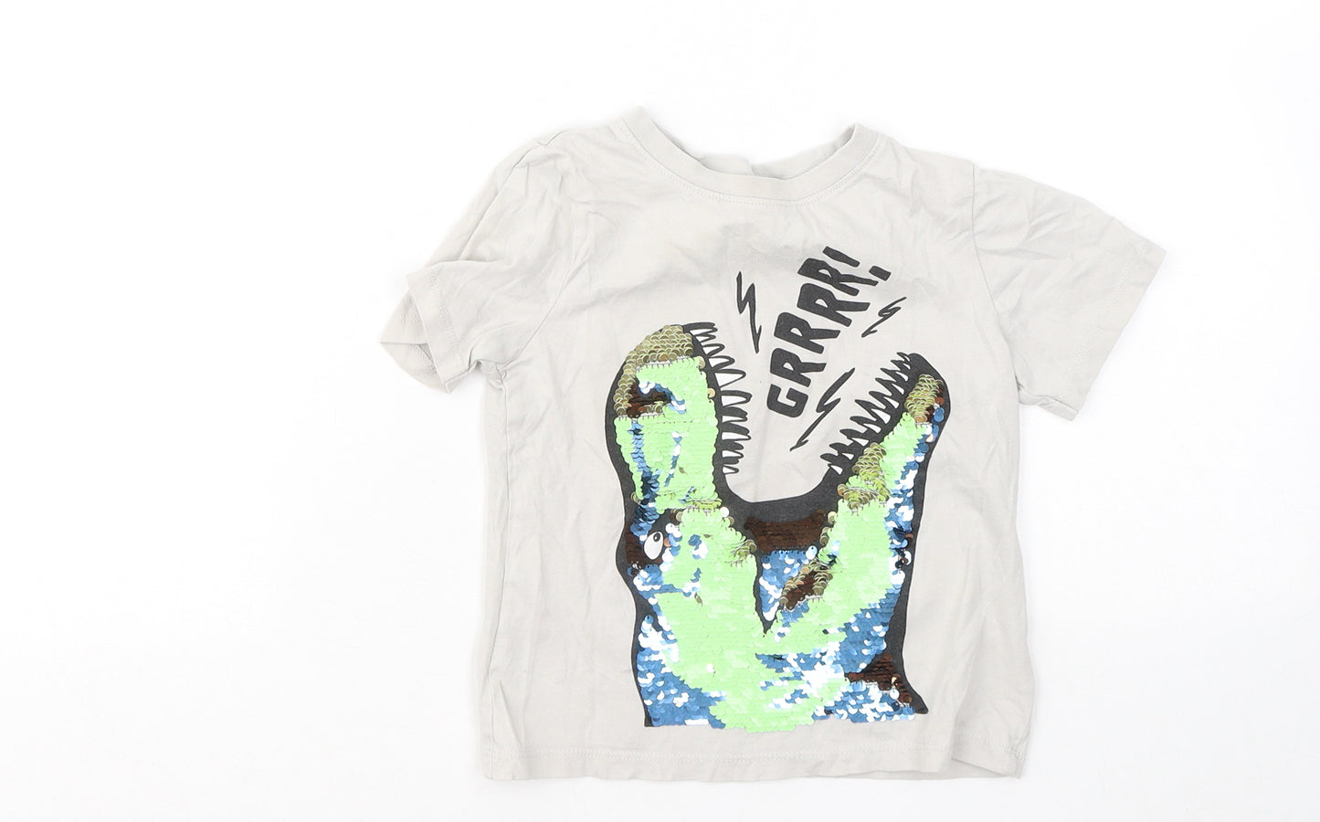 H&M Boys Grey Cotton Basic T-Shirt Size 3-4 Years Round Neck - Dinosaur Grrrr!