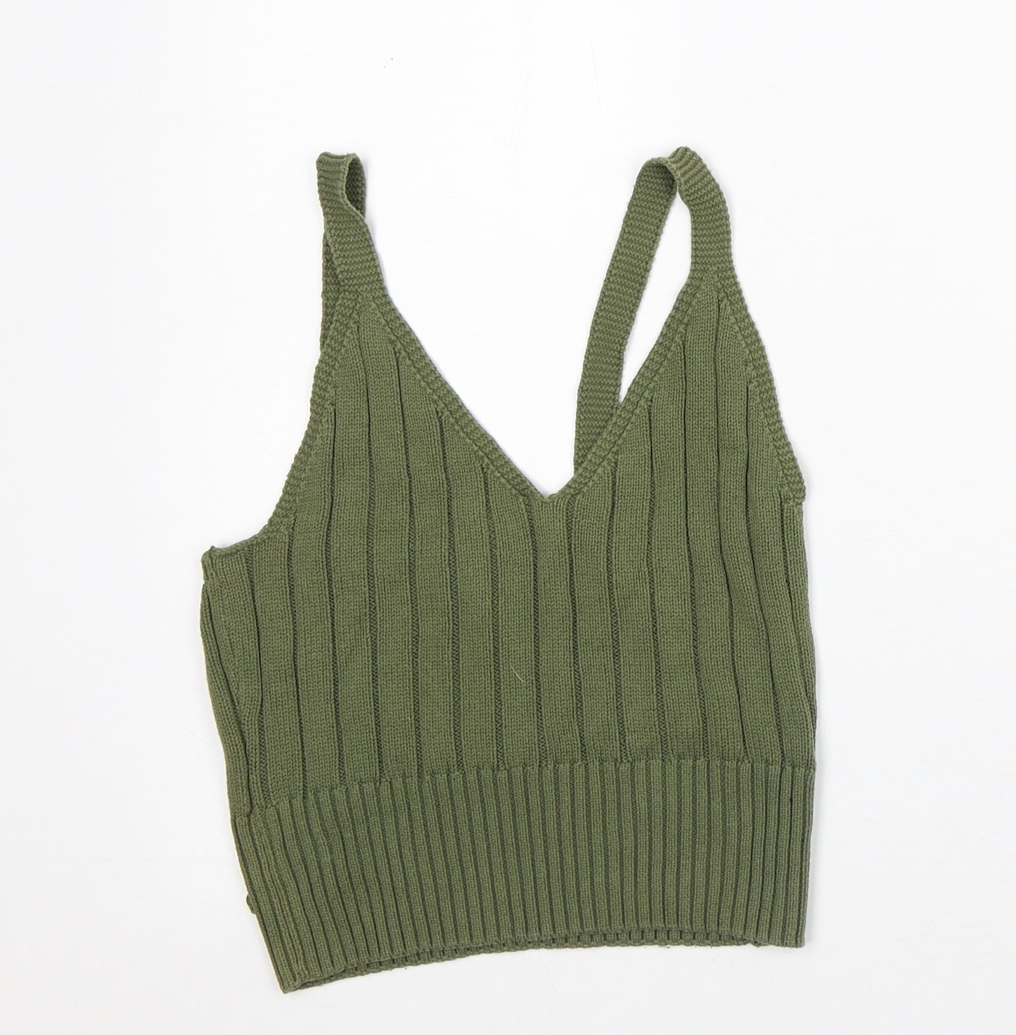 New Look Womens Green Cotton Cropped Tank Size 10 V-Neck