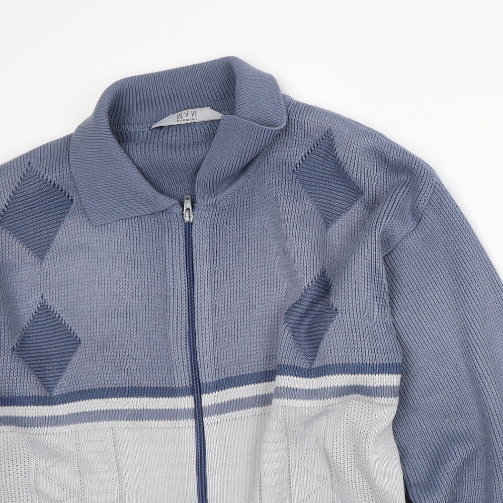 Premier Mens Blue Collared Striped Acrylic Full Zip Jumper Size M
